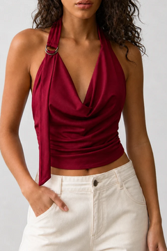 Ring Detaylı Halter Yaka Bordo Bluz - Bordo