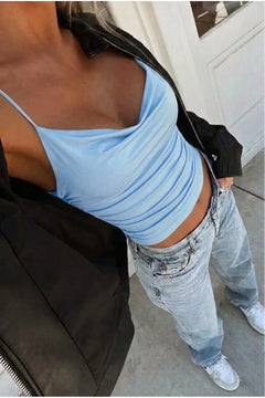 Kolsuz Askılı Degaje Yaka Bluz Crop - Bebe Mavi