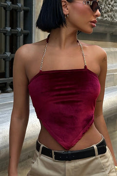 1631 Zincir Askılı Kadife Esnek Crop - Bordo