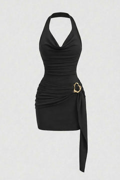 Kadın DEGAJE HALTER Yaka Toka Detaylı Kuşaklı Toparlayıcı Kalıp Mini Elbise - Siyah