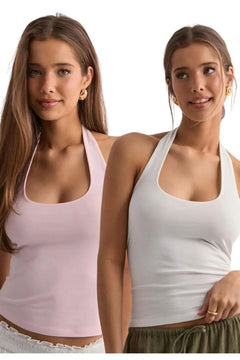 Halter Yaka Crop Top Body - Pembe Ve Beyaz