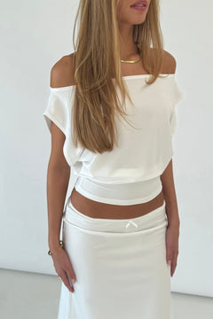 Ultra Soft Premium Kumaş Bele Oturan ESNEK Crop Top Bluz - Ekru