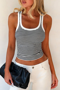 %95 PAMUK FİTİLLİ ESNEK CROP TOP BLUZ - Siyah/Beyaz