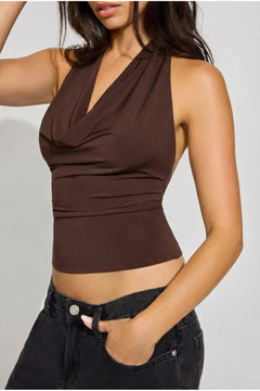 9074 Boyundan Bağcıklı Halter Degaje Yaka Crop Top Body - Kahverengi