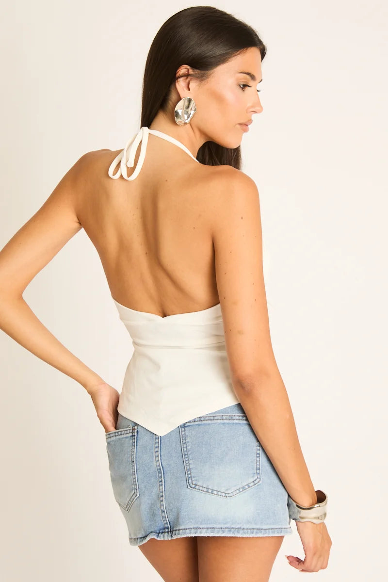 Beyaz Derin V Halter Yaka Top