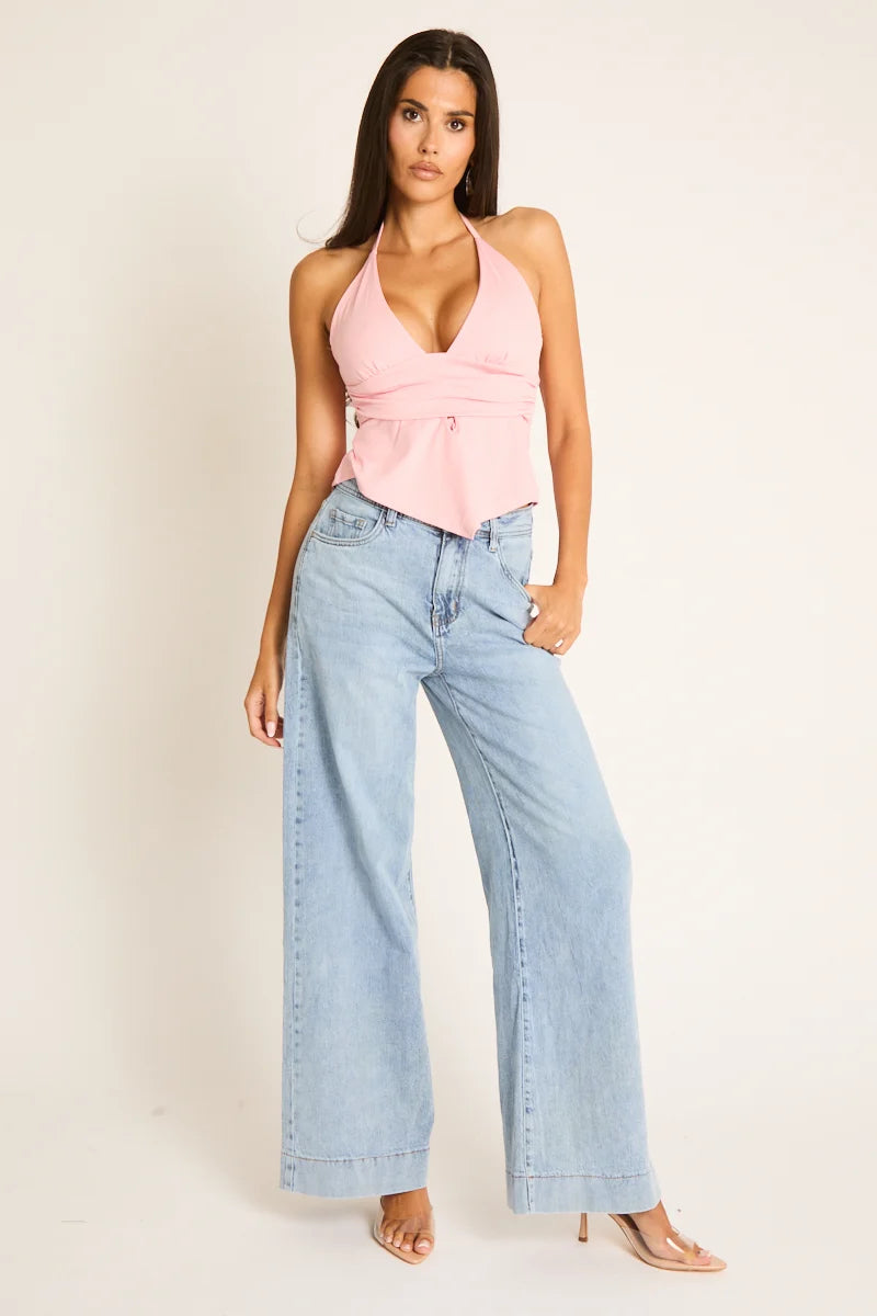 Pembe Derin V Halter Yaka Top
