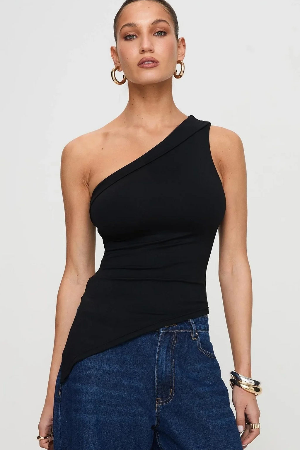 5058 ASİMETRİK ESNEK CROP TOP BLUZ - Siyah