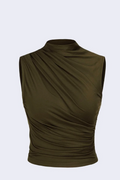 6071 Kolsuz Büzgülü Haki Crop Bluz - Haki