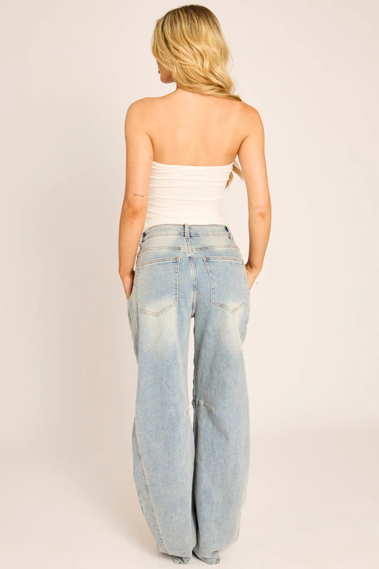 Beyaz Straplez Bağlama Detaylı Crop Top