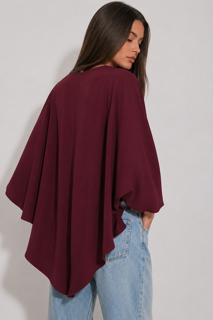 V Yaka Asimetrik Pelerin Bordo Bluz