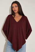 V Yaka Asimetrik Pelerin Bordo Bluz
