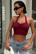 Önü Büzgülü Askılı Crop Esnek Bluz - Bordo - Görsel 1