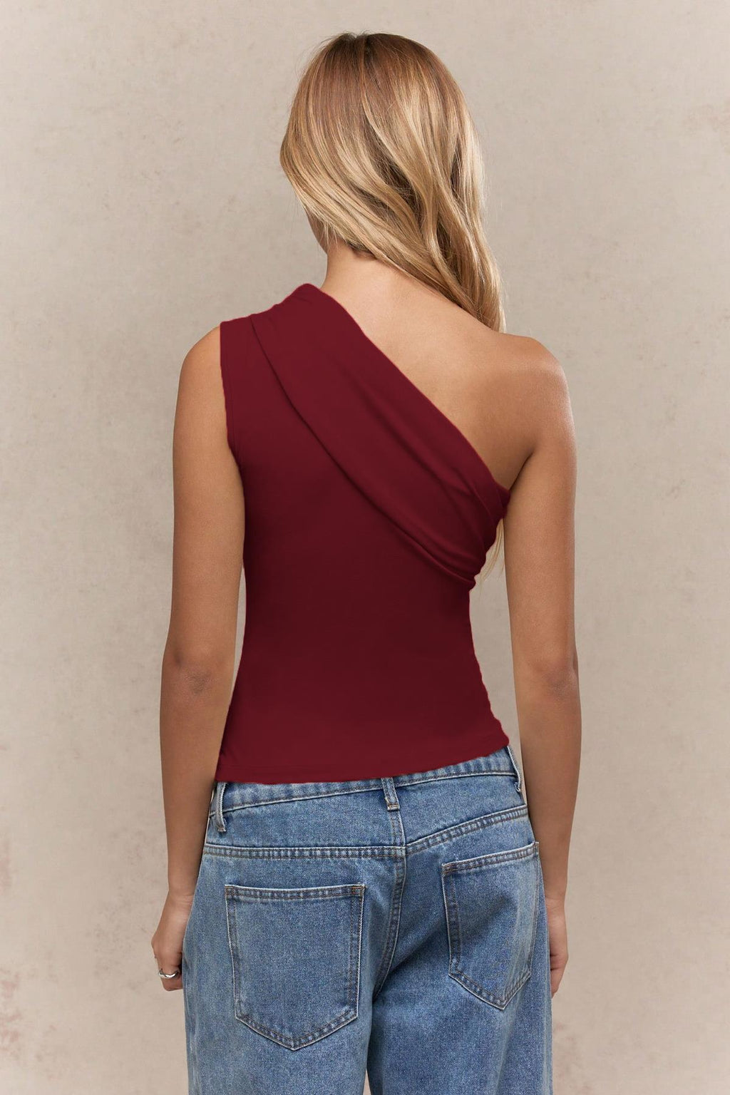 6082 Asimetrik Tek Omuz Kolsuz Bordo Bluz - Bordo - Görsel 3
