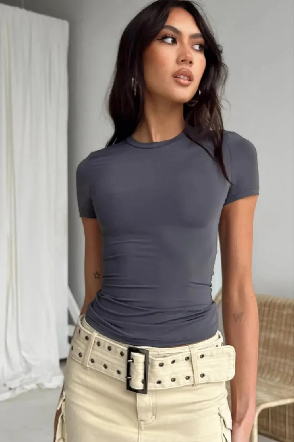 Bisiklet Yaka Basic Kısa Kollu Esnek Body - füme - Görsel 2