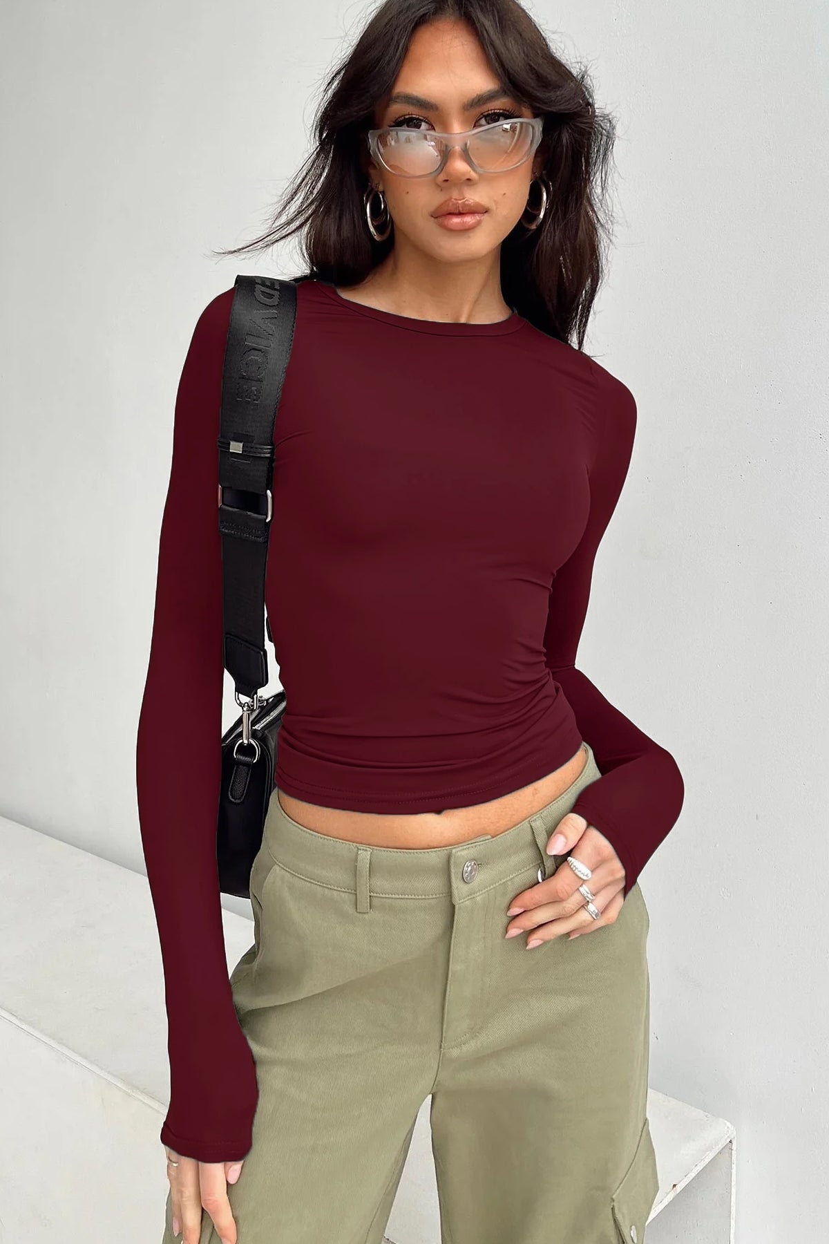 Bordo Bisiklet Yaka Basic Uzun Kollu Body - BORDO - Görsel 1