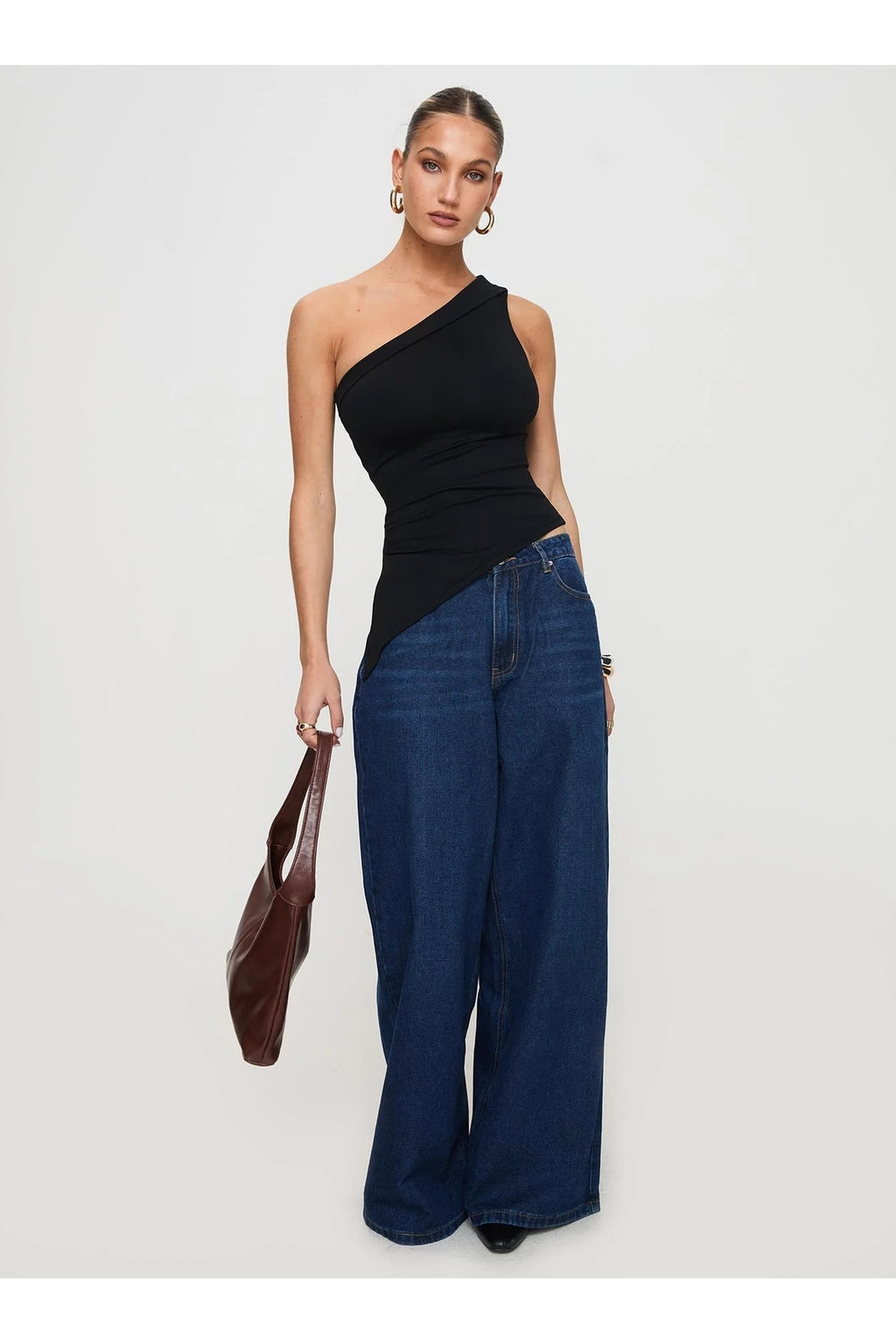 5058 ASİMETRİK ESNEK CROP TOP BLUZ - Siyah - Görsel 3