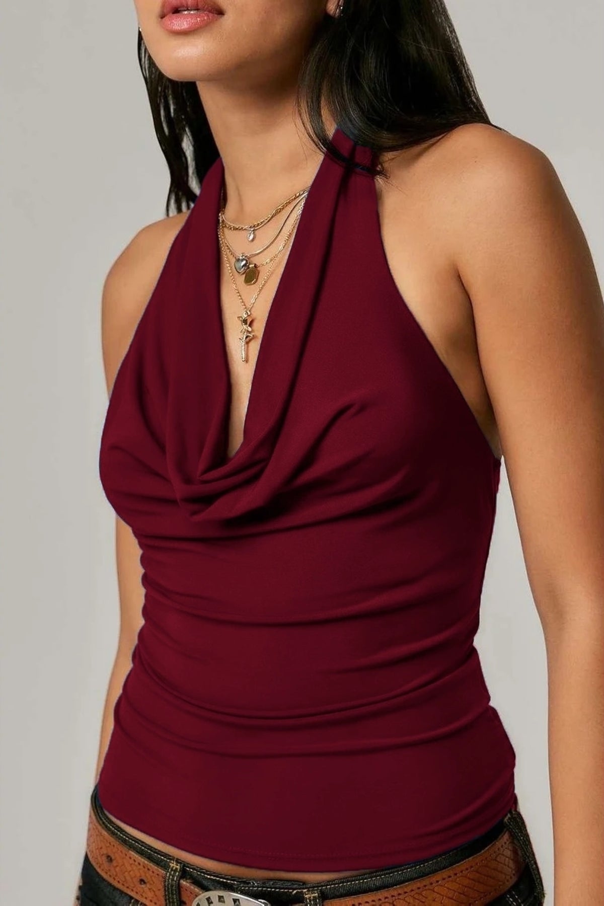 Degaje Yaka Crop Top Body - Bordo - Görsel 1