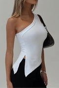 5058 ASİMETRİK ESNEK CROP TOP BLUZ - Ekru - Görsel 1
