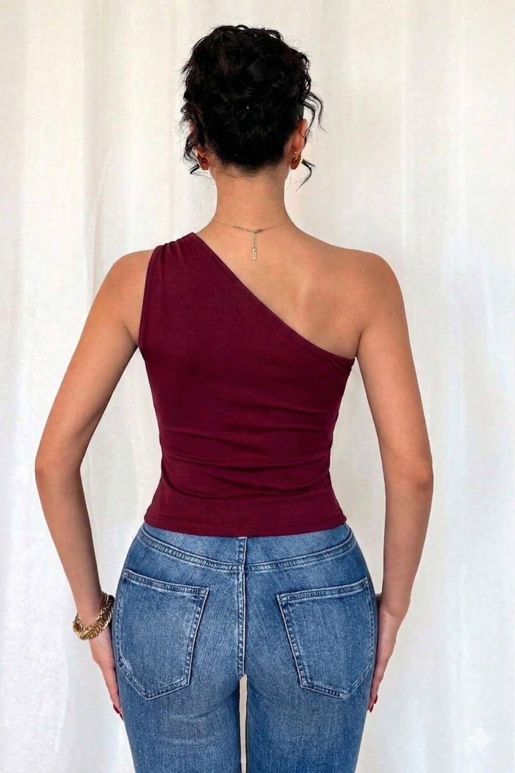 Tek Omuz Aksesuar Detaylı Bluz - Bordo - Görsel 2