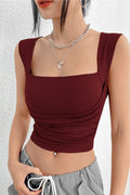 Kare Yaka Büzgü Detaylı Esnek Crop Bluz - BORDO - Görsel 1