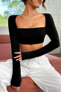 Kare Yaka Uzun Kollu Esnek Crop Bluz - Siyah - Görsel 1