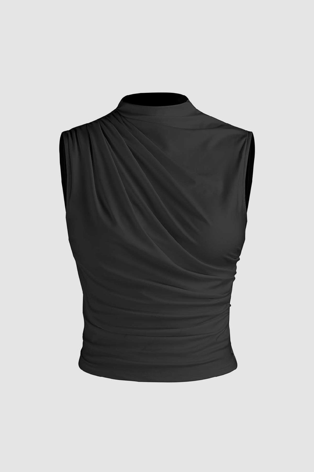 6071 Kolsuz Büzgülü Crop Bluz - Siyah