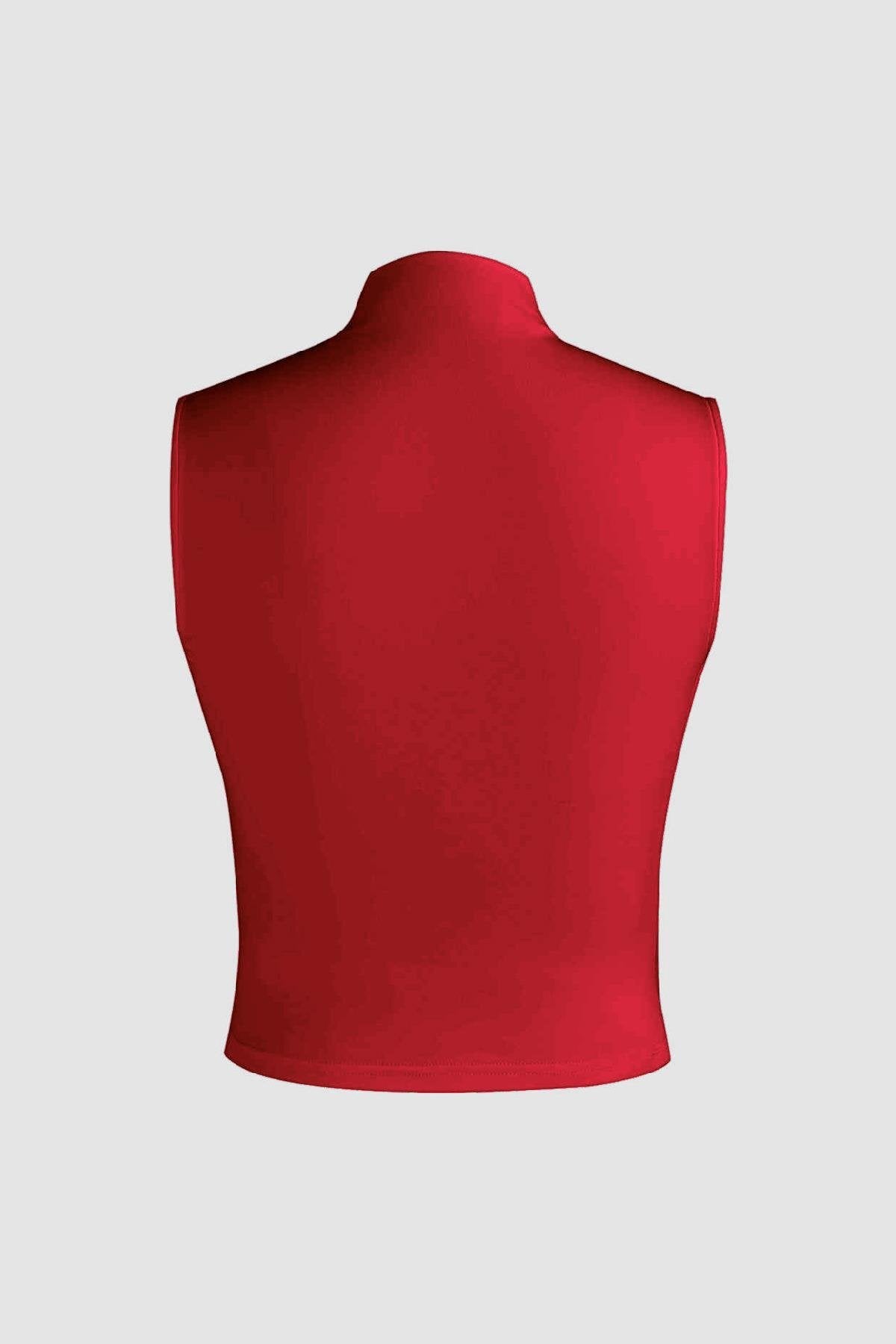 6071 Kolsuz Büzgülü Crop Bluz - Kırmızı