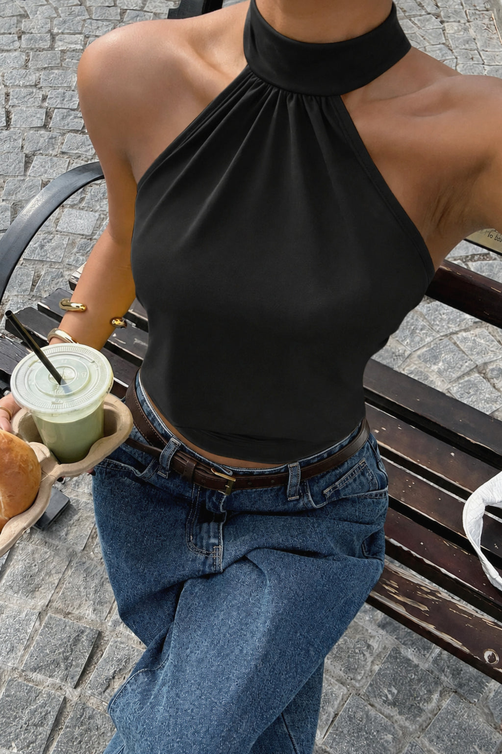Bele Oturan Bağcıklı Esnek Crop top bluz - Siyah - Görsel 4