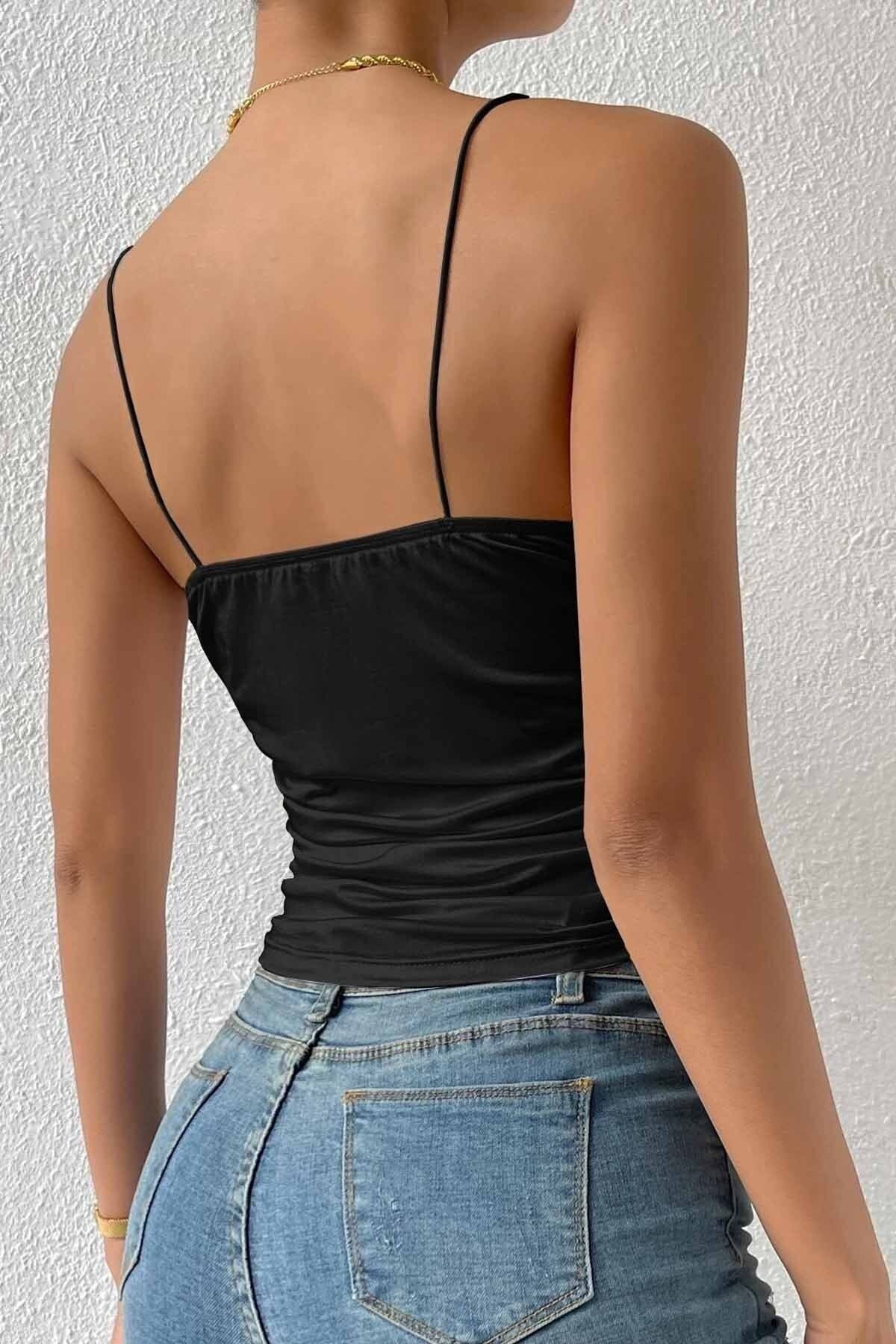 Kolsuz Askılı Degaje Yaka Bluz Crop - Siyah - Görsel 3