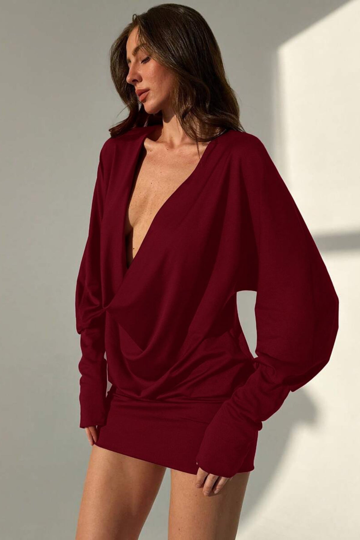 Degaje Yaka Mini Elbise - Bordo - Görsel 3