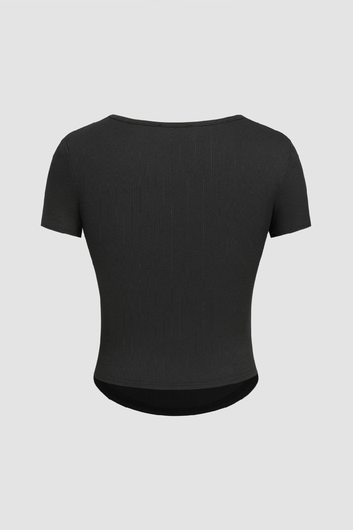 Siyah Fitilli Kısa Kollu Önü Büzgülü Crop Top - Siyah - Görsel 4