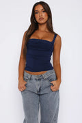 WFT3036B Önü Büzgülü Askılı Crop Bluz - Lacivert - Görsel 1