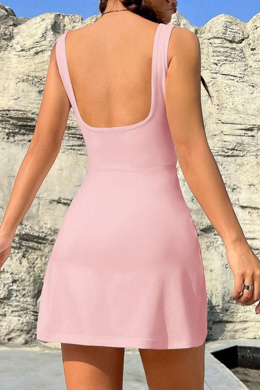 Askılı Kare Yaka Şortlu Mini Elbise - Pembe - Görsel 3