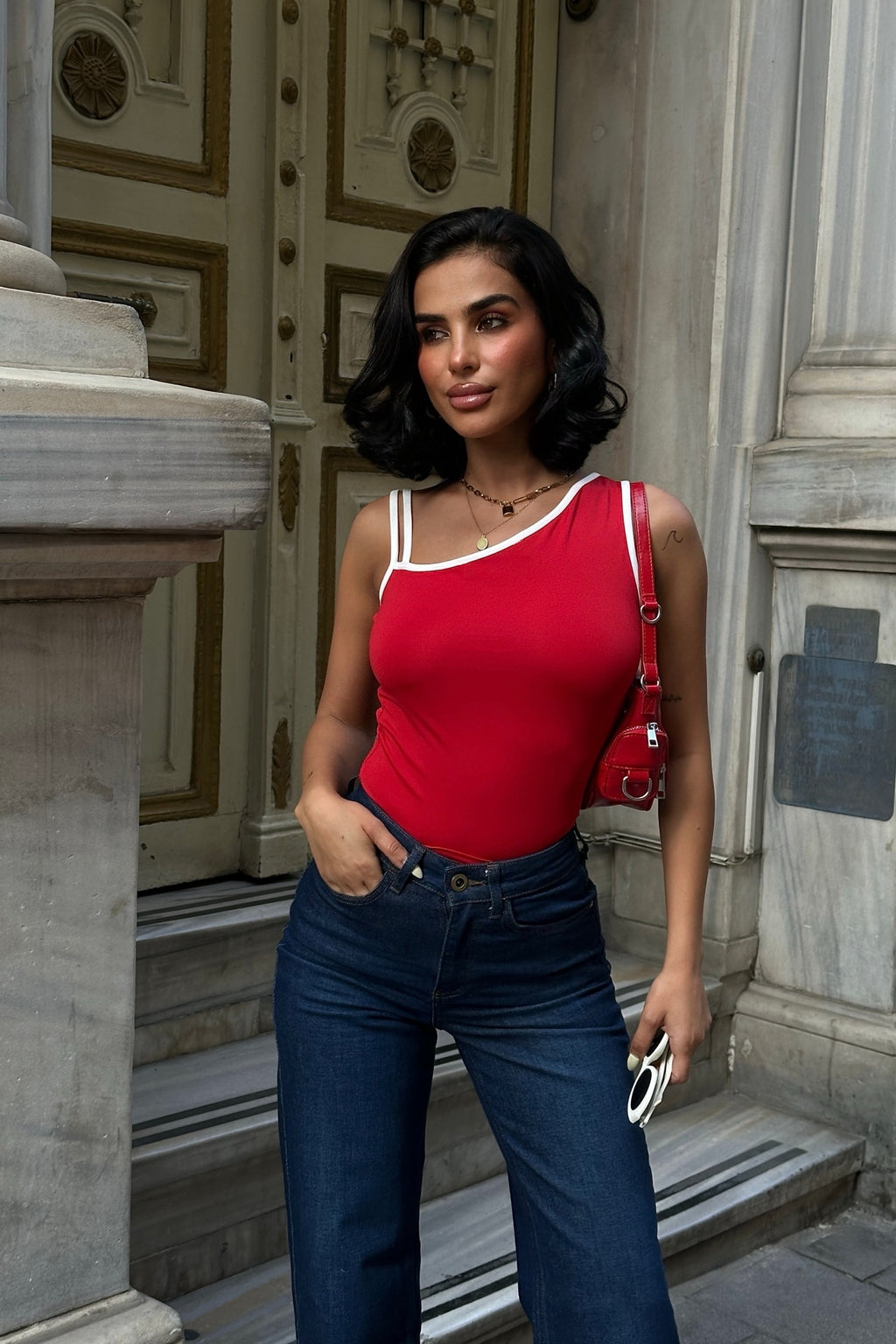 Tek Omuz Çift Askılı Esnek Crop Bluz - KIRMIZI - Görsel 6