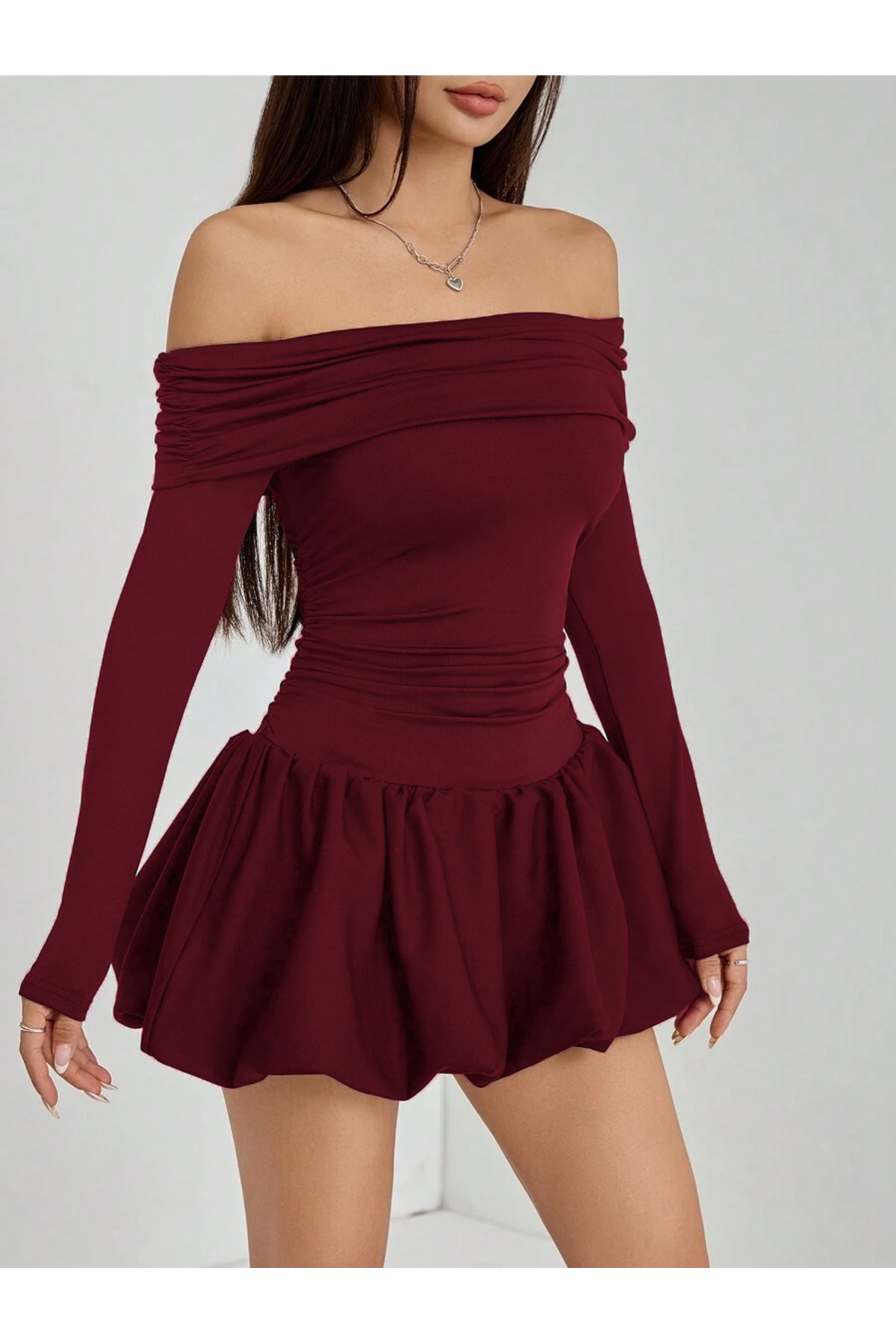 Madonna Yaka Balon Etek Mini Elbise - Bordo - Görsel 4