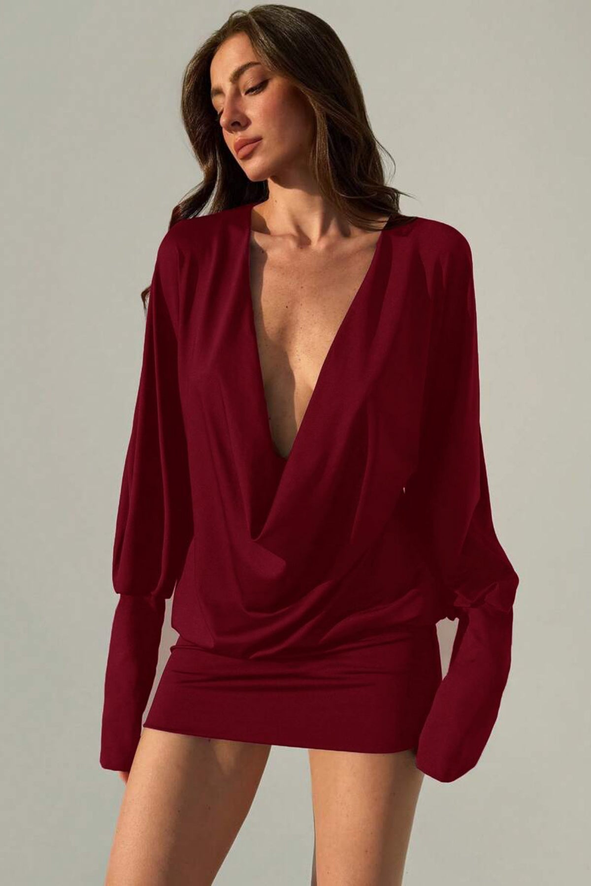 Degaje Yaka Mini Elbise - Bordo - Görsel 1