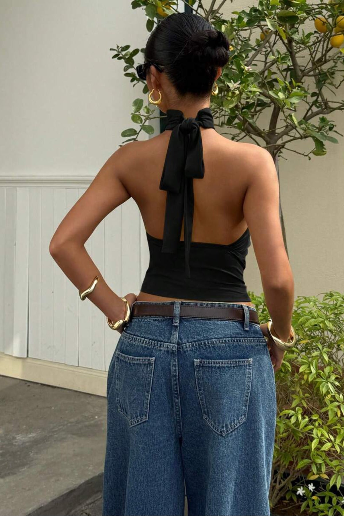 Bele Oturan Bağcıklı Esnek Crop top bluz - Siyah - Görsel 5