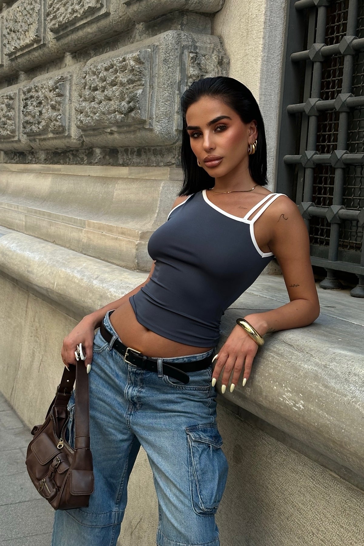 Tek Omuz Çift Askılı Esnek Crop Bluz - FÜME - Görsel 1