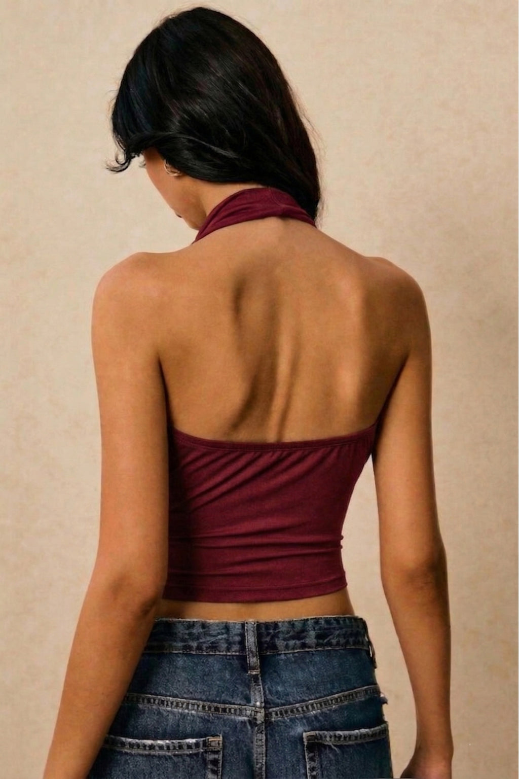 Degaje Yaka Aksesuar Detaylı Crop Bluz - Bordo - Görsel 3