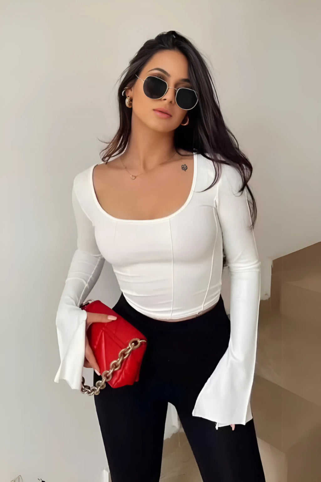 Kadın Beyaz Ispanyol Kol Basic Crop Top - Ekru - Görsel 1