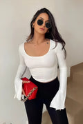 Kadın Beyaz Ispanyol Kol Basic Crop Top - Ekru - Görsel 1