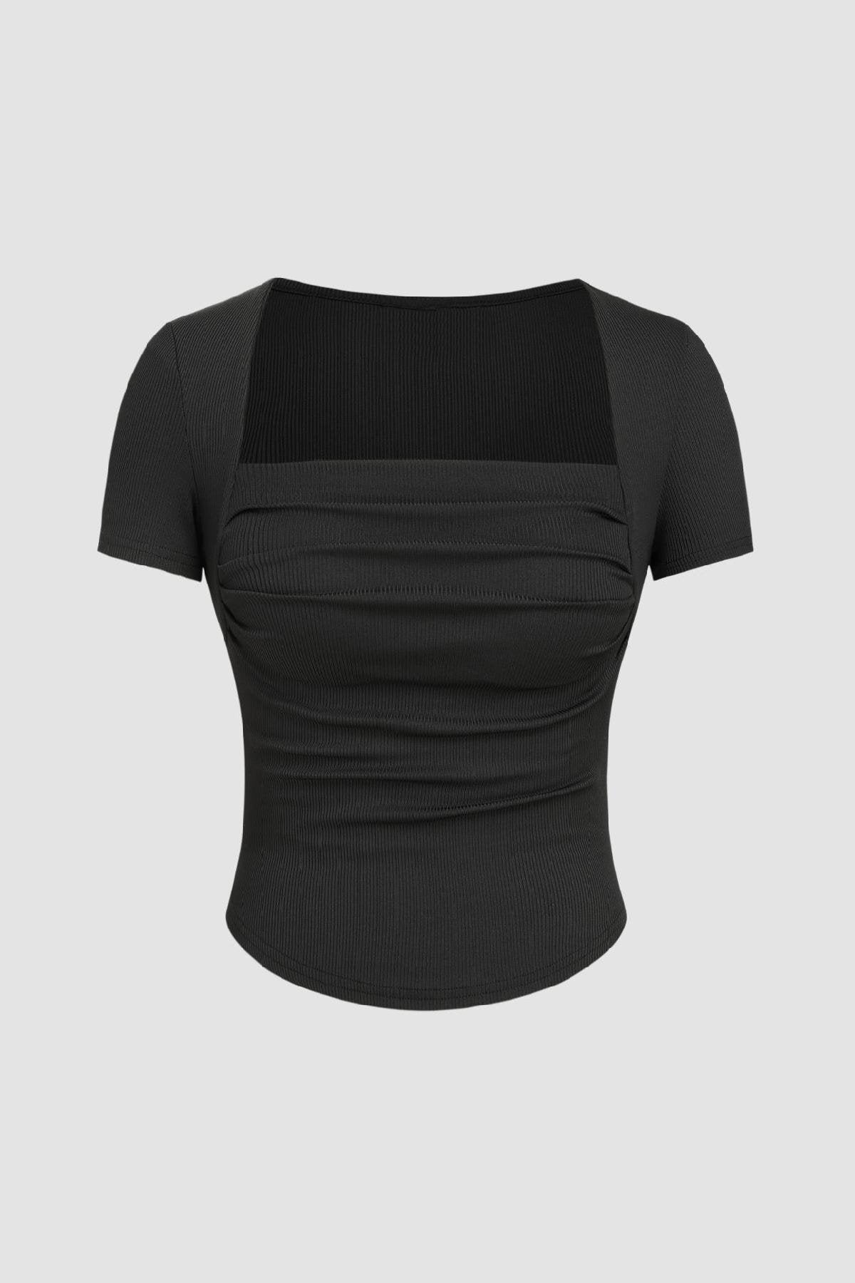 Siyah Fitilli Kısa Kollu Önü Büzgülü Crop Top - Siyah - Görsel 5