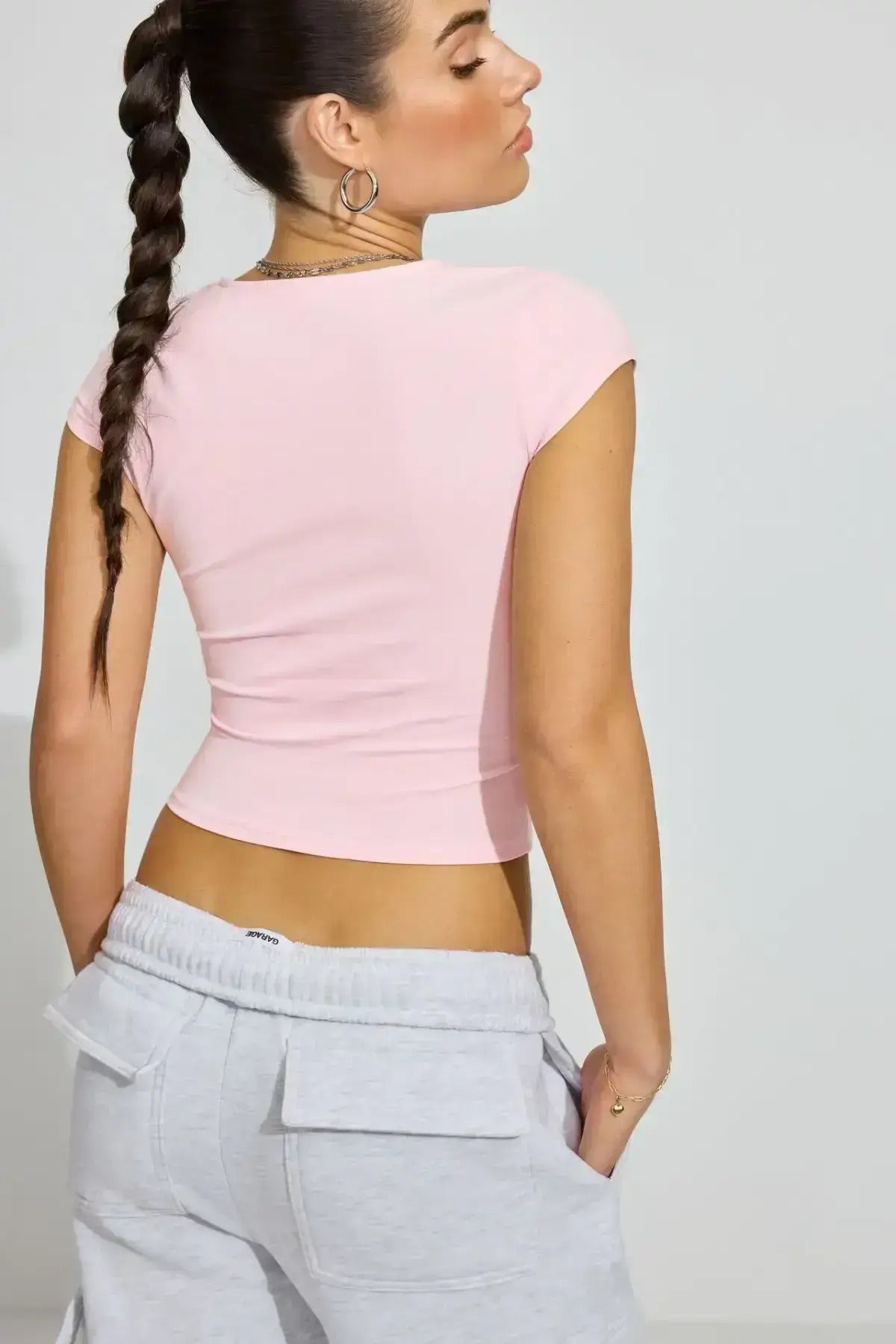 Kare Yaka Esnek Crop Bluz - Pembe - Görsel 3