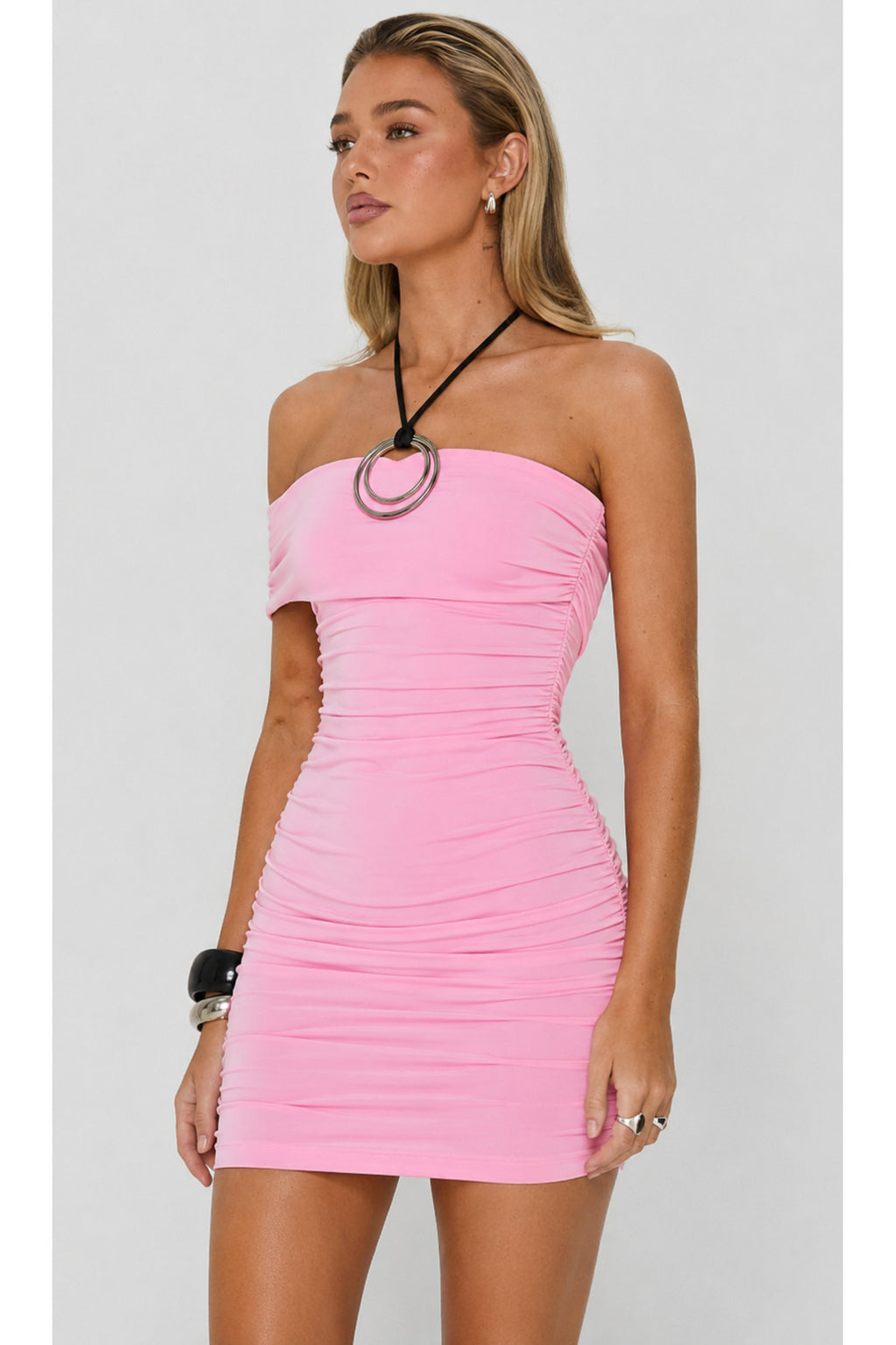 Straplez büzgü Detaylı Şık Mini Elbise - Pembe - Görsel 4