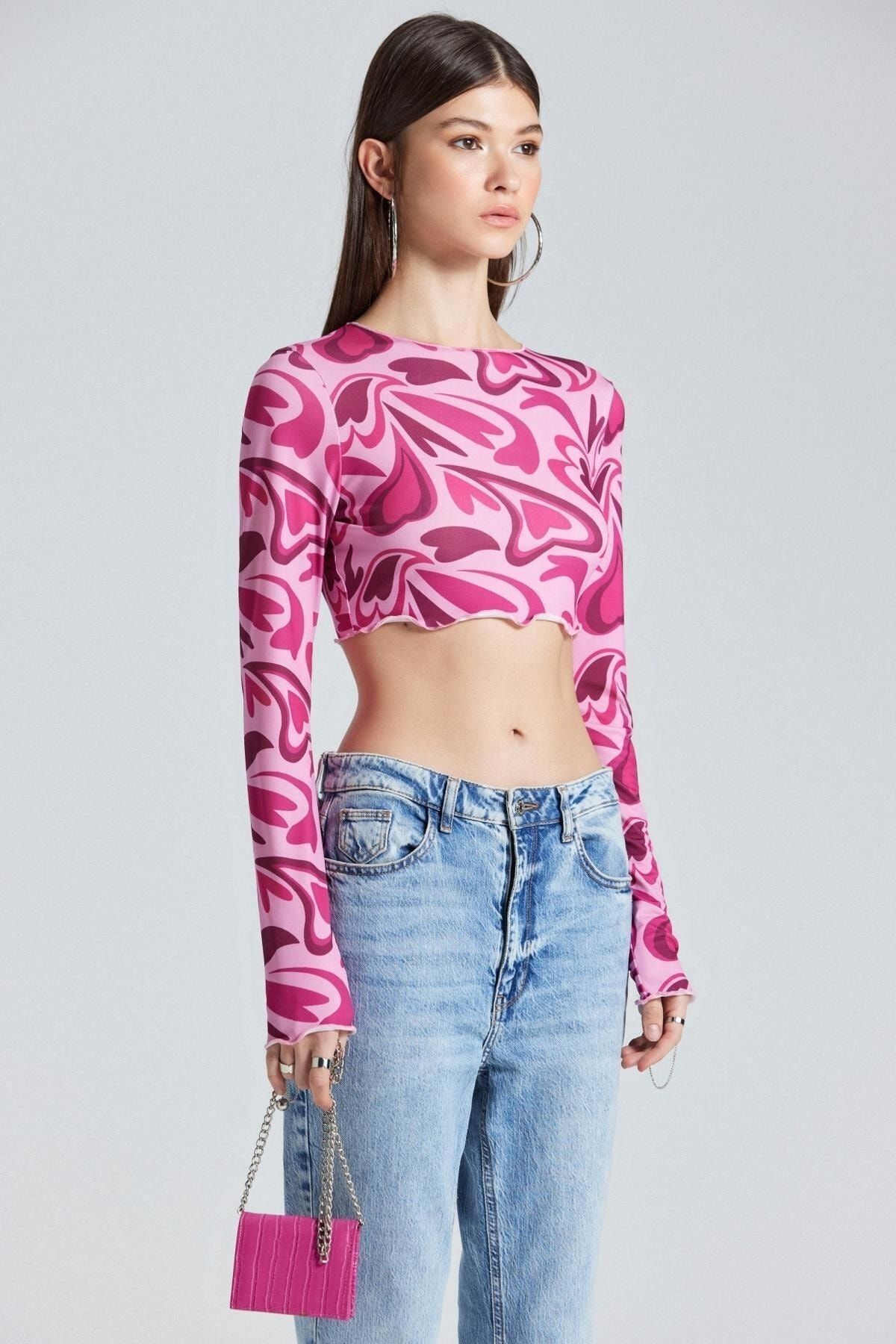 Kalp Desenli Pembe Crop - Pembe - Görsel 3