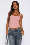 WFT3036B Önü Büzgülü Askılı Crop Bluz - Pembe - Görsel 1