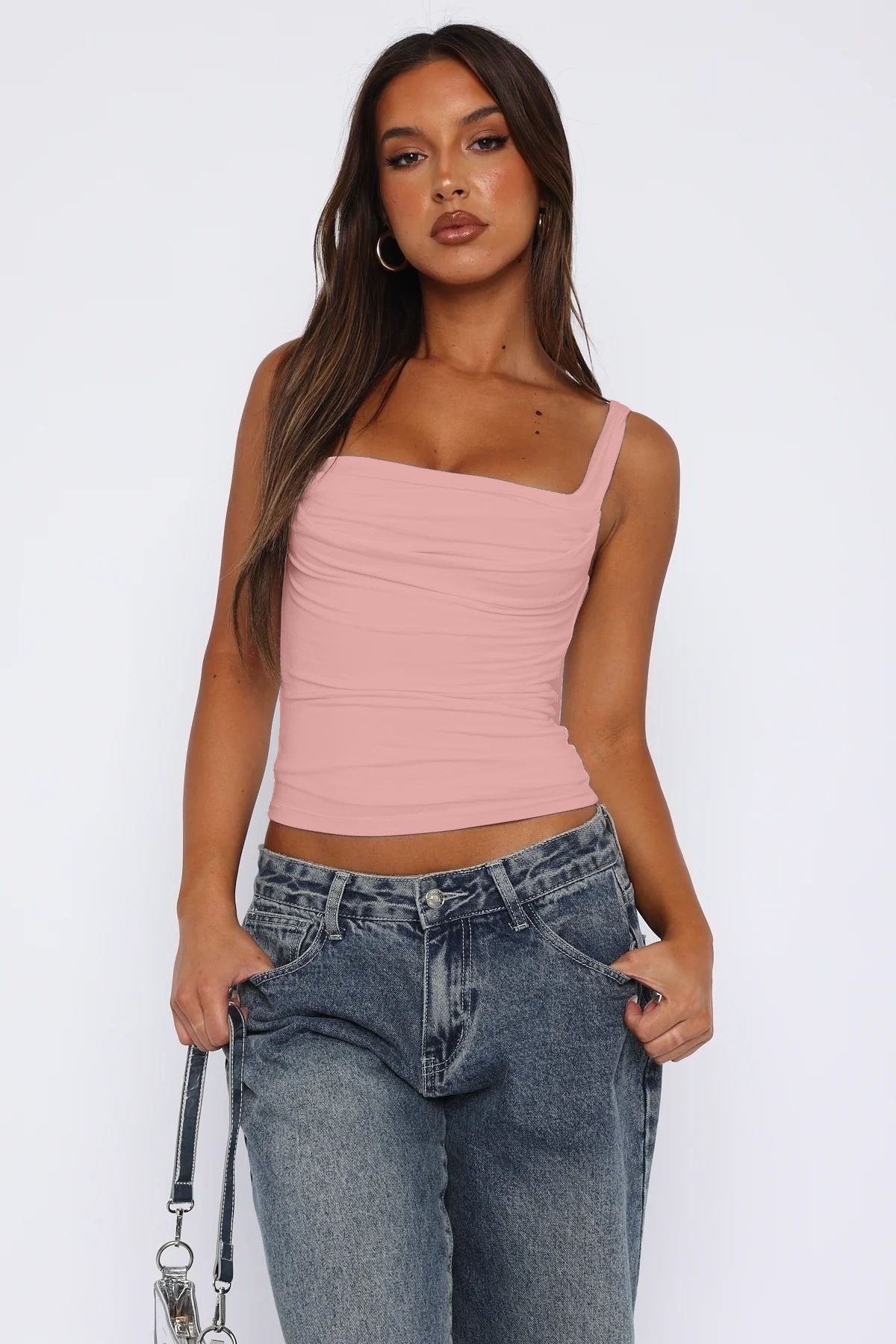 WFT3036B Önü Büzgülü Askılı Crop Bluz - Pembe - Görsel 1
