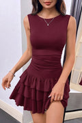 Eteği Kat Kat Volanlı Mini Elbise - Bordo - Görsel 1