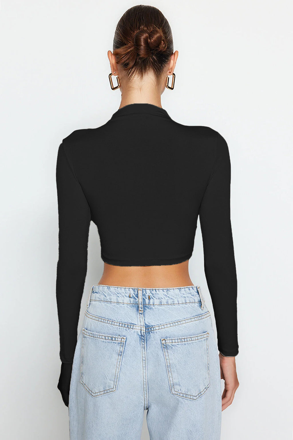 Siyah Dik Yaka Drapeli Crop Bluz - siyah - Görsel 2