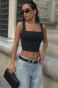Askılı Büzgülü Crop Bluz - Siyah - Görsel 1